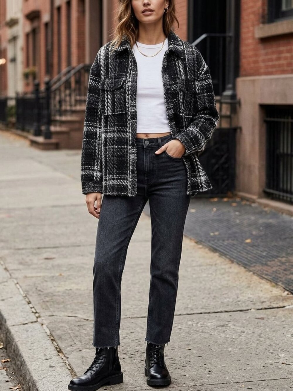 Express Black and White Plaid Tweed Shacket Shirt Jacket Size Small
